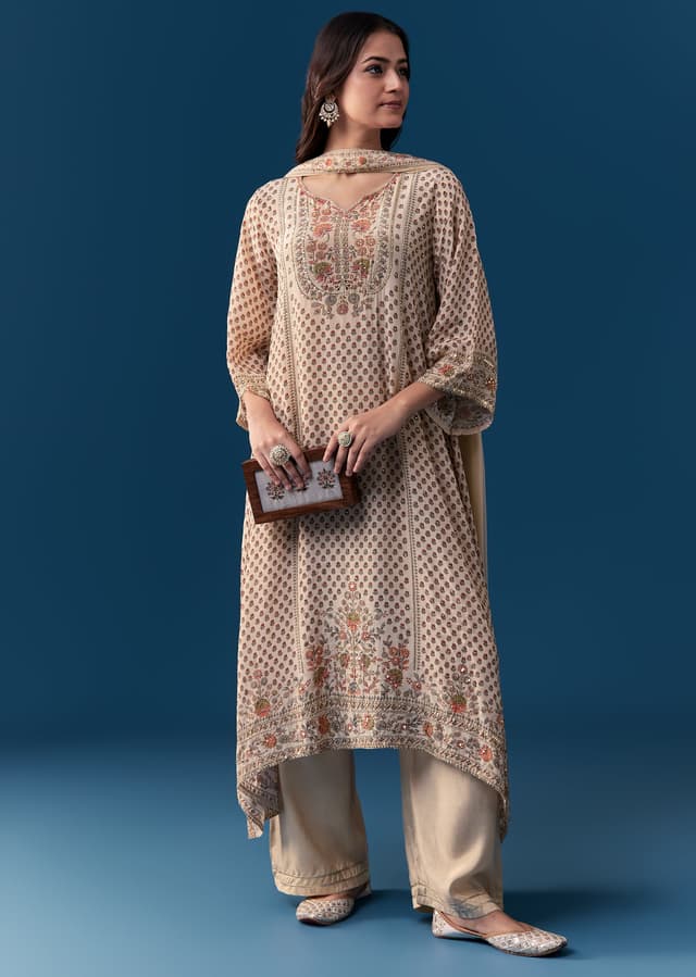 Beige Sequined Kurta Set
