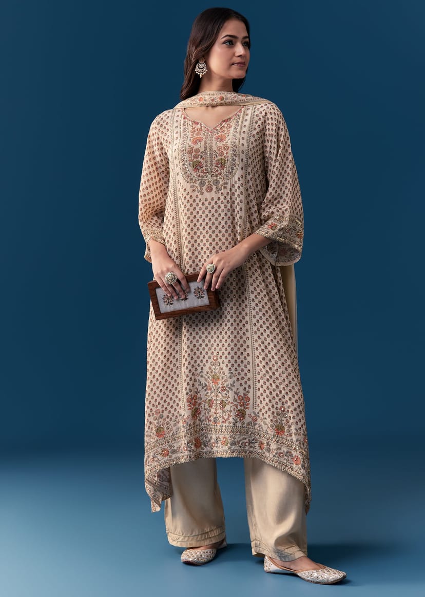 Beige Sequined Kurta Set