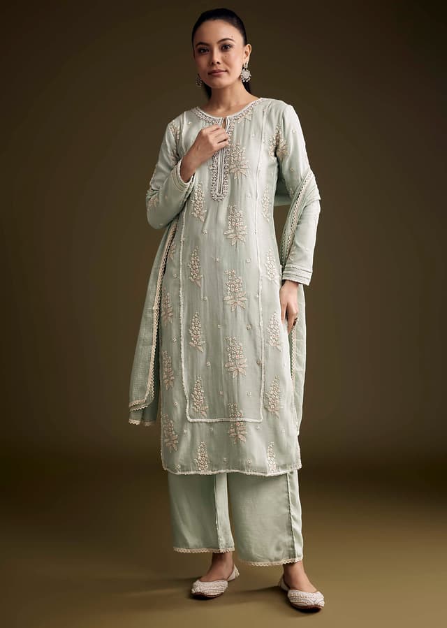 Blue Cotton Resham Kurta Set