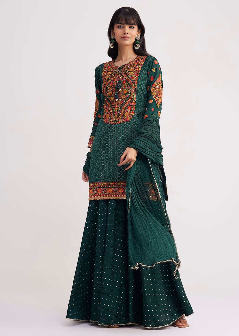 Bottle Green Silk Sharara Set