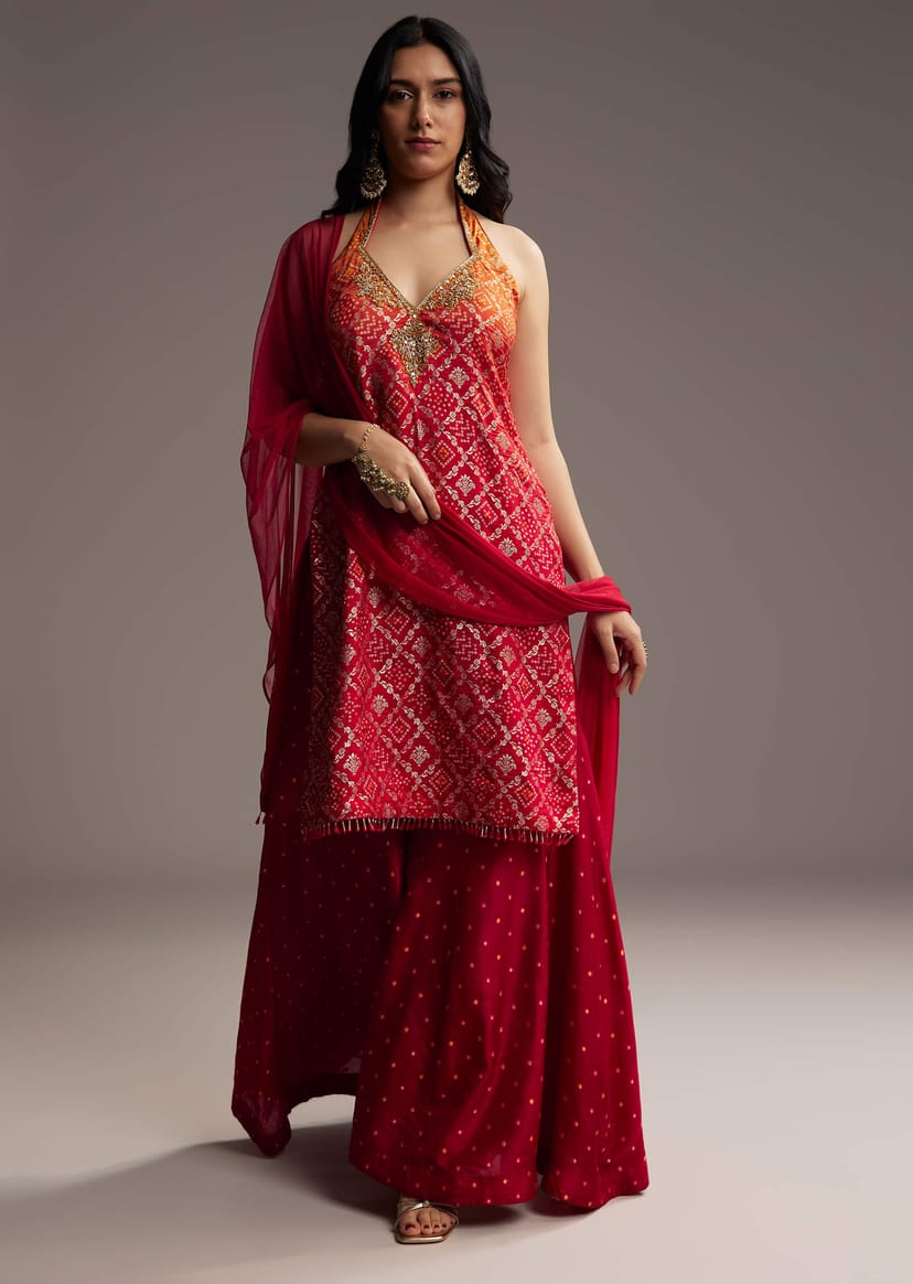 Orange & Red Ombre Silk Palazzo Suit