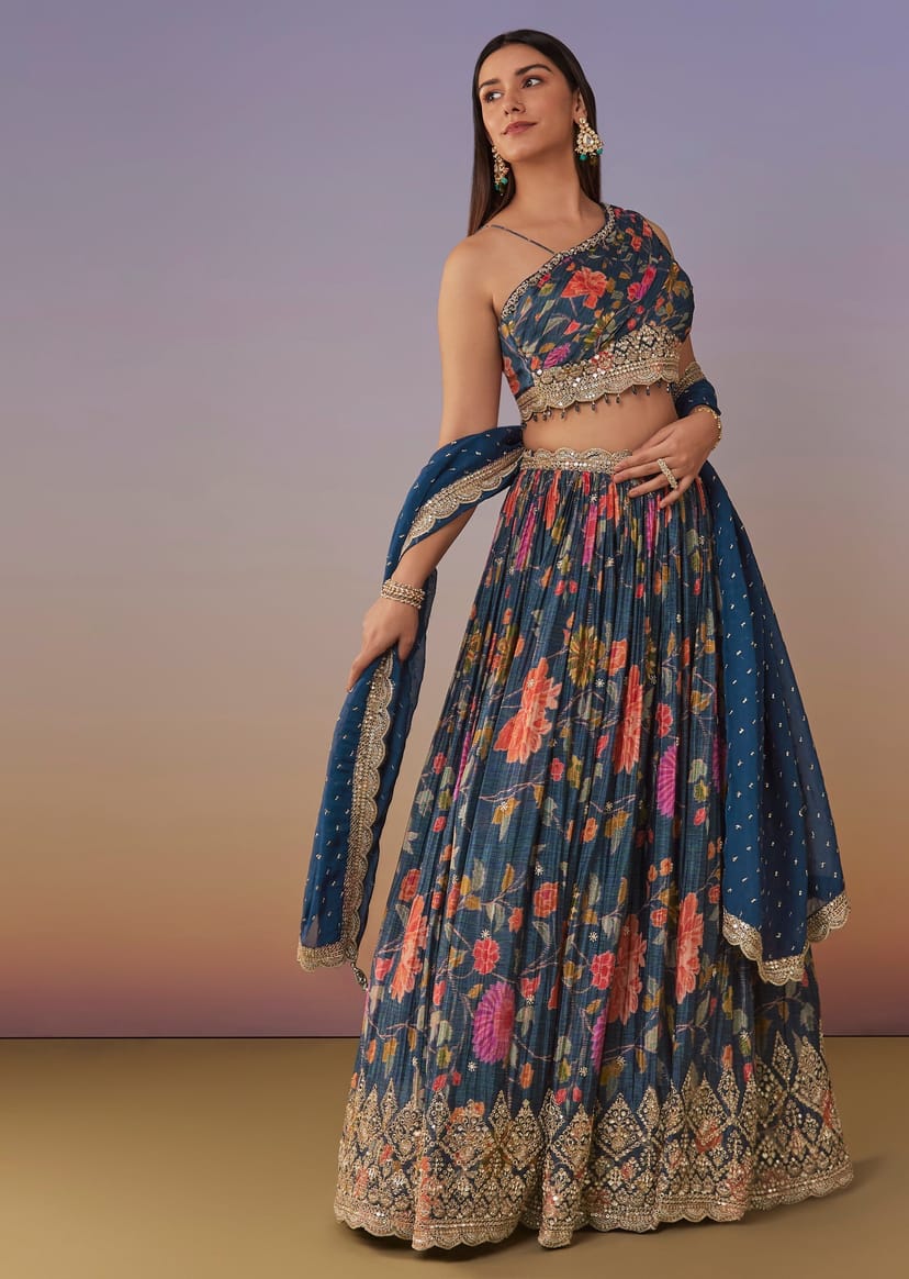 Blue Floral One-Shoulder Lehenga