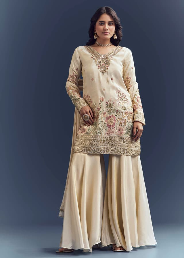 Cream Tissue Sharara Suit