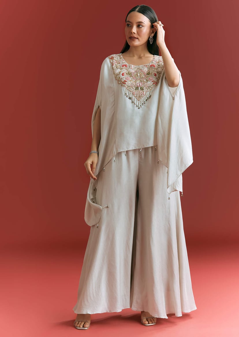 Light Grey Dola Silk Kaftaan Suit