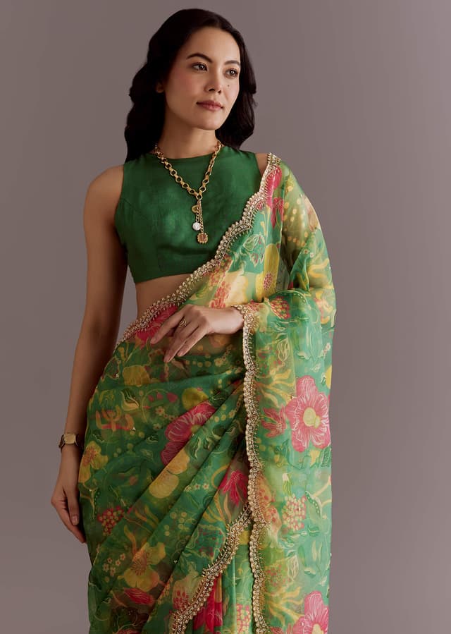 Green Organza Floral Saree