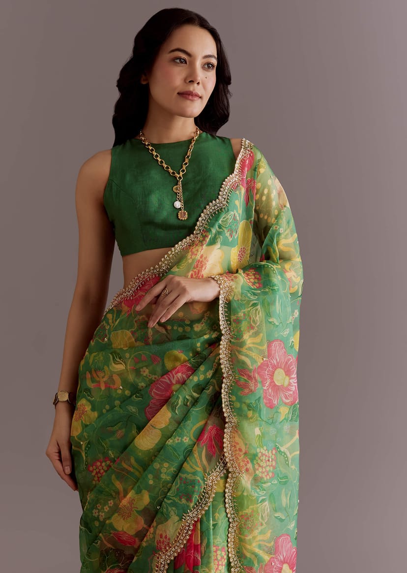 Green Organza Floral Saree