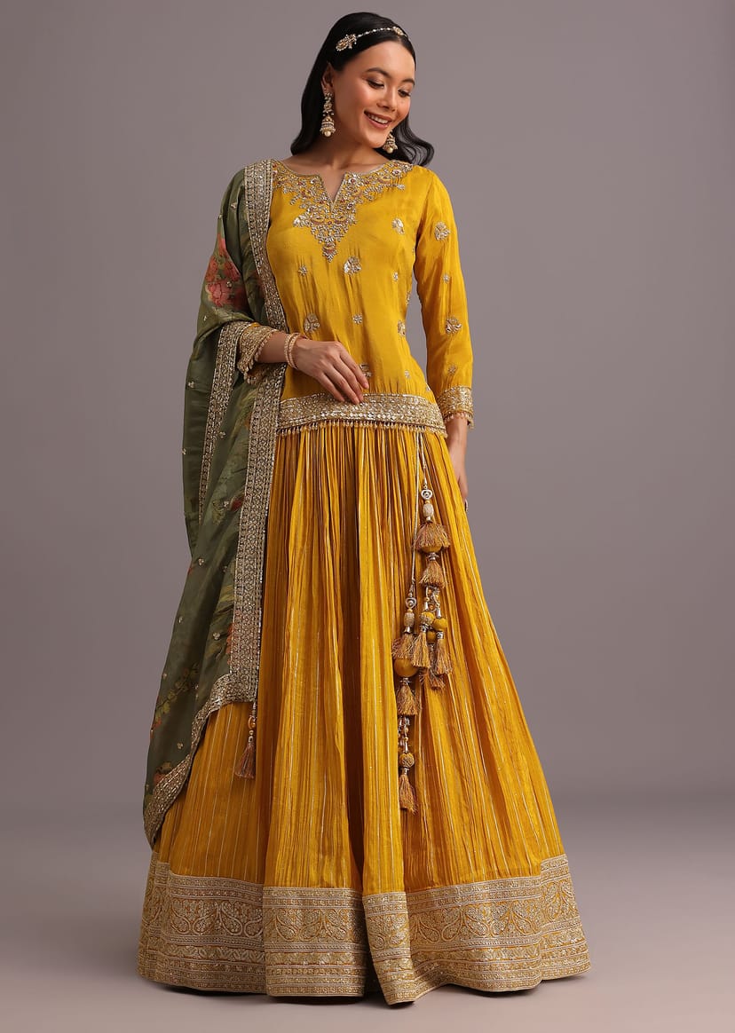Yellow Embellished Kurta Lehenga Set