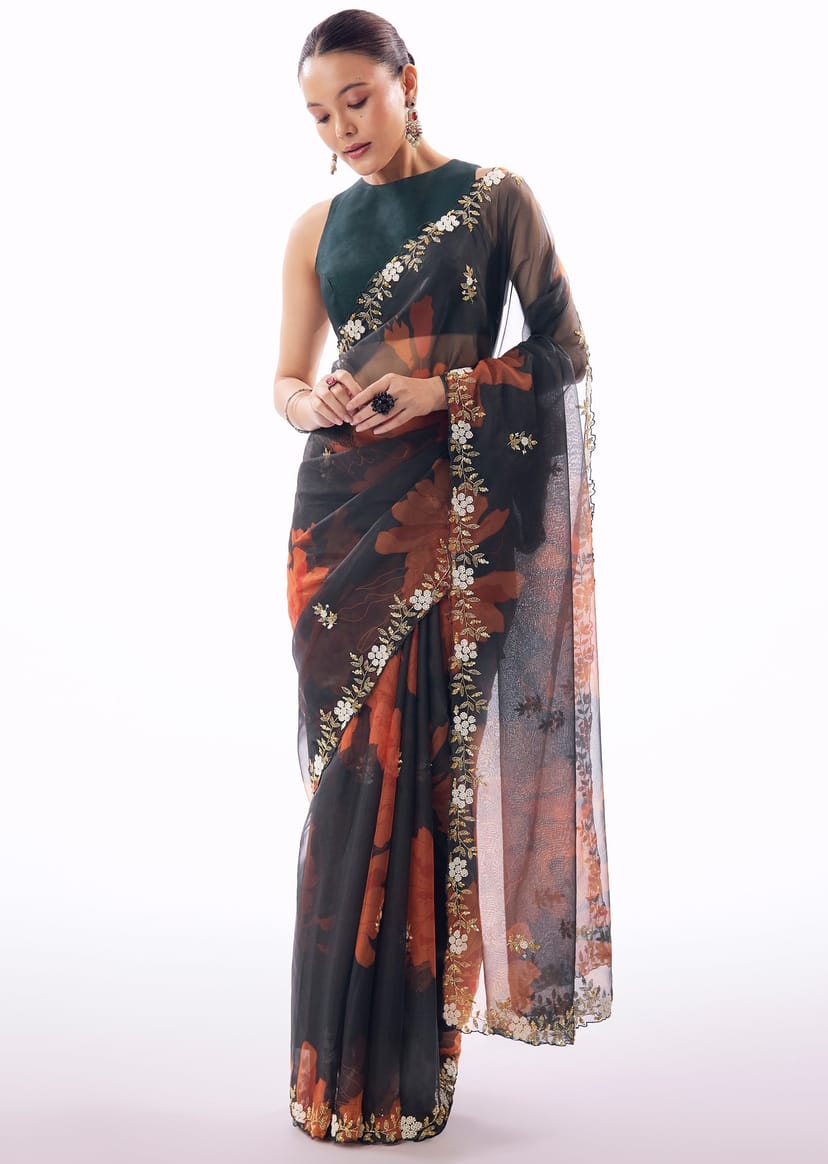 Navy Blue Organza Floral Printed Saree With Cutwork Border And Cutdana Sequin Embroidery