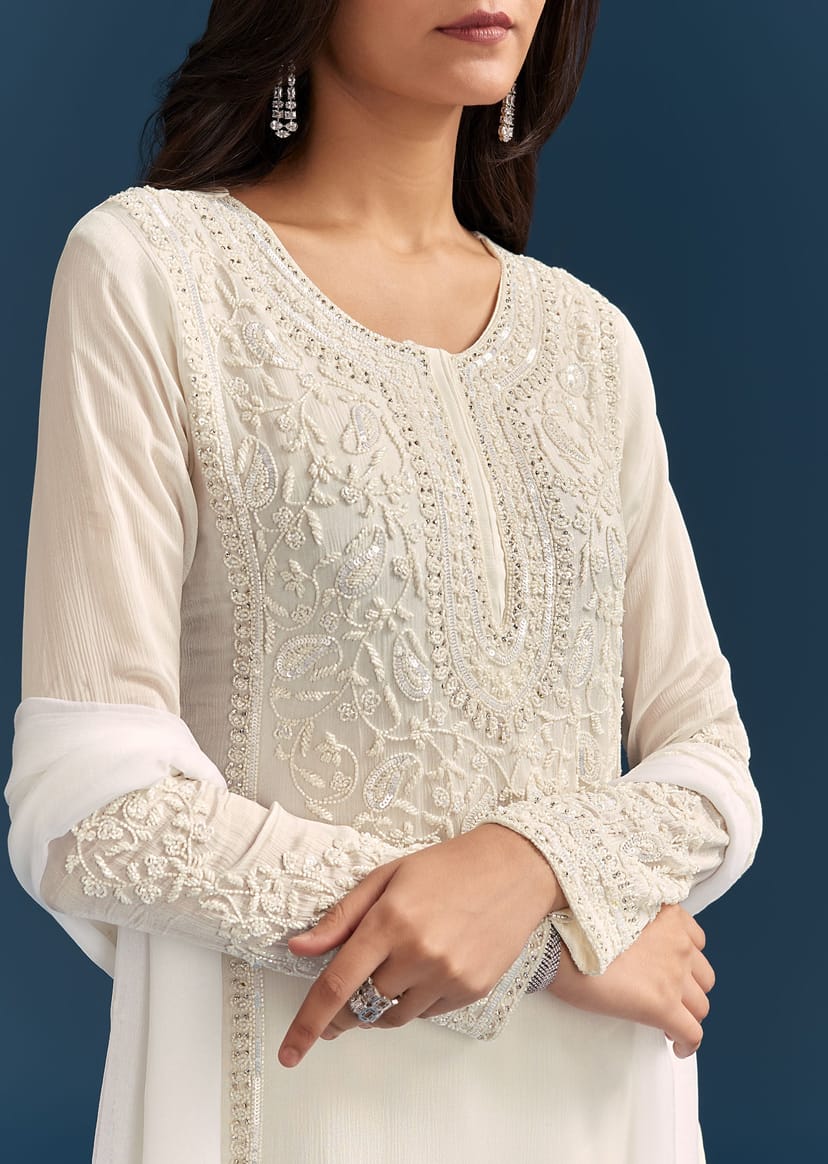 White Chinon Kurta Set With Sequins And Cut Dana Work